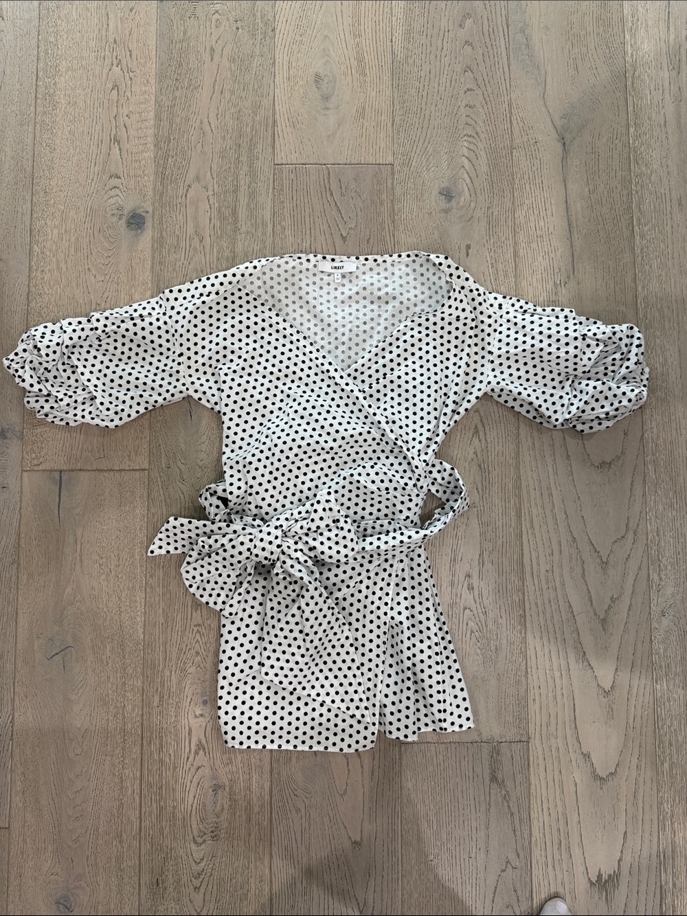 Likely White Polka Dot Wrap Dress with Black Dots